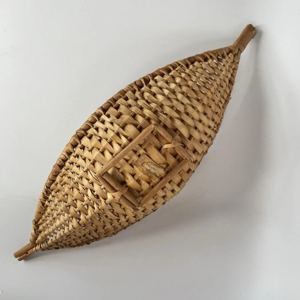 Vtg MCM Woven Basket Gondola Pea Pod Basket Footed Wicker Madeira Signed Boho